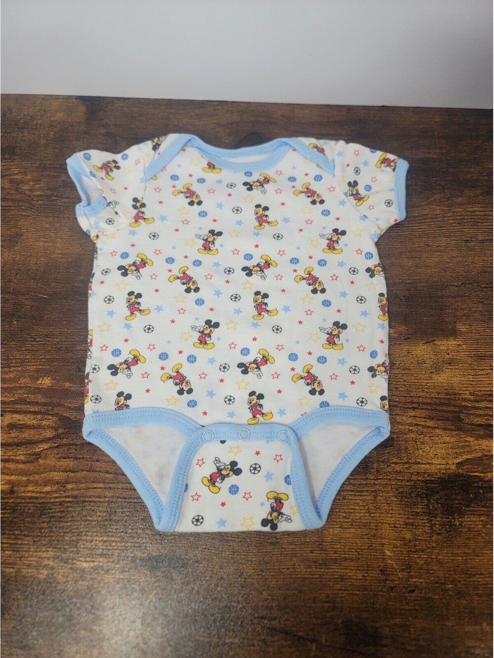 Vintage Disney Baby Mickey Mouse One piece Short Sleeve Snap 0-3M White Blue